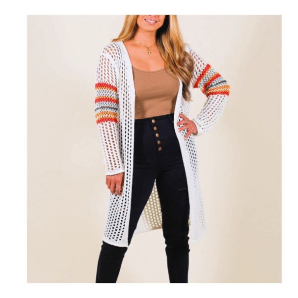 POL Open Knit White / Multicolor Lightweight Open Front Cardigan Long Size Small